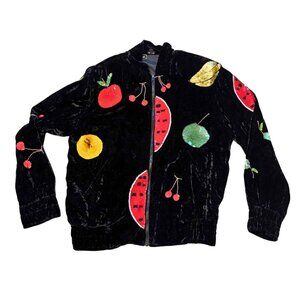 Vintage 80s JA Resort Black Crushed Velvet Bomber Jacket Sequin Fruit